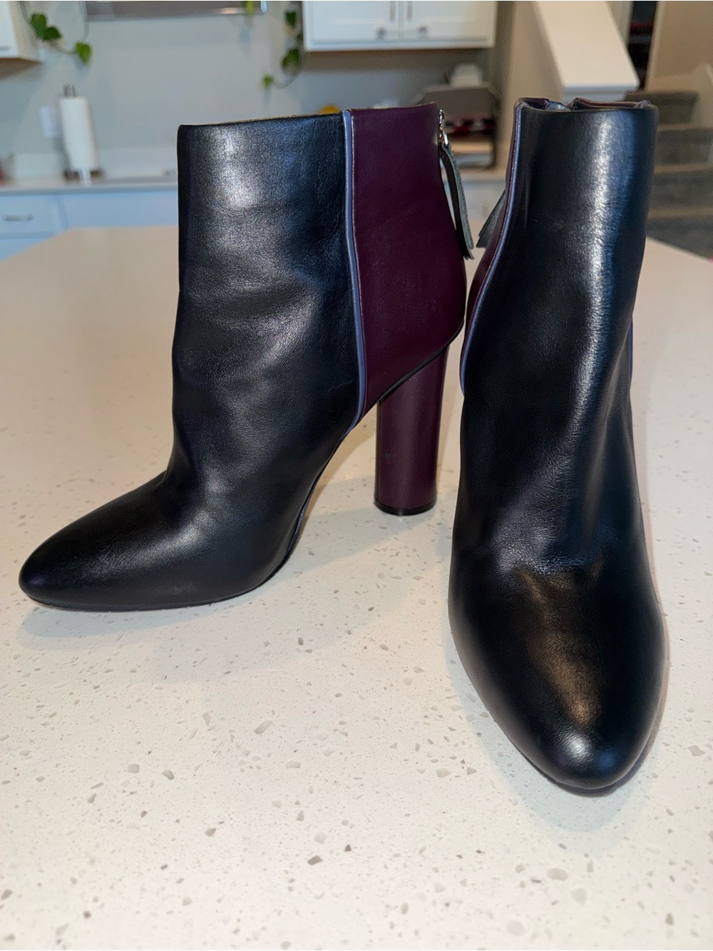 CAbi Black Leather Ankle Boots with Burgundy Side Panel